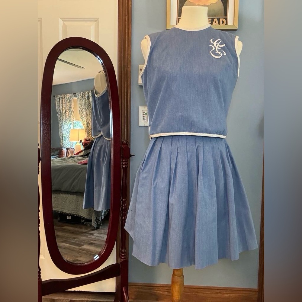 Vintage Blue Skirt Set, top buttons up the back